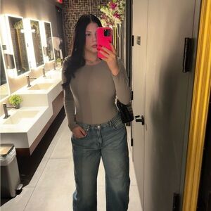 Gray Long Sleeve Top and Blue Jeans